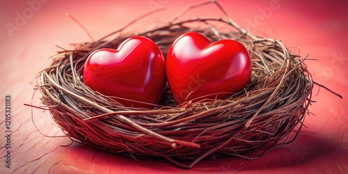 Close-up of a red heart nest against a pink backdrop, showcasing romantic Valentine's Day hearts with deep focus.