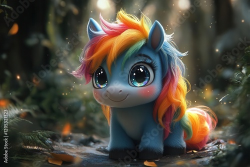 adorable baby horse with rainbowcolored mane sparkly eyes stylized illustration playful pose magical forest background fairytale atmosphere photo