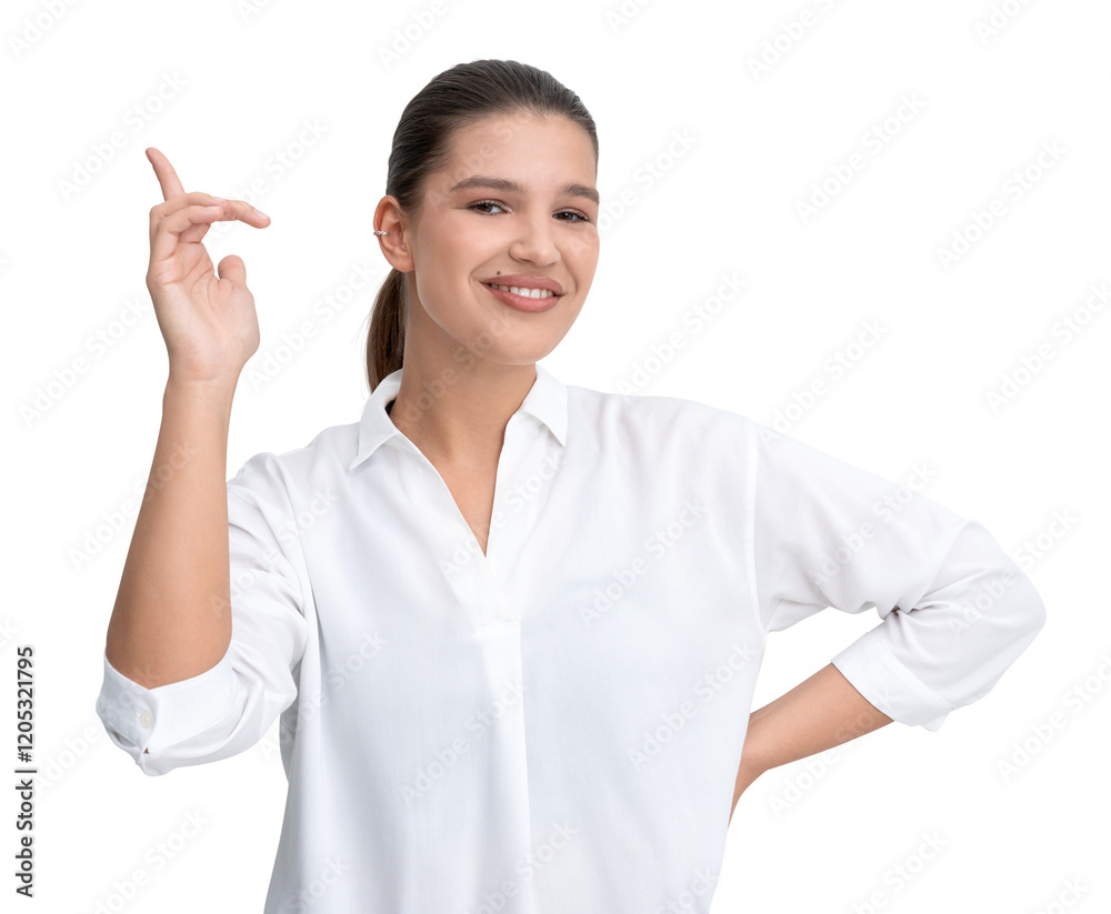 Confident woman in white shirt making hand Confident woman in white shirt making hand