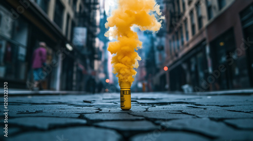 A yellow smoke grenade on a cracked city sidewalk, with swirling tendrils of smoke rising into the air, contrasting against the urban backdrop of abandoned buildings photo