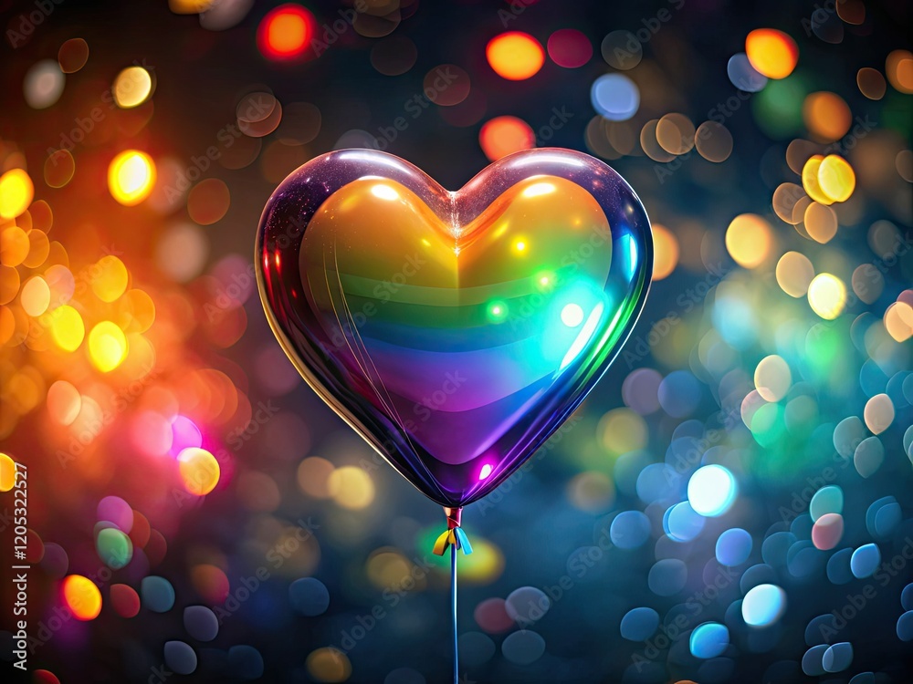 Dark romantic bokeh illuminates a glowing heart balloon, a vibrant rainbow against the night. Dark romantic bokeh illuminates a glowing heart balloon, a vibrant rainbow against the night.