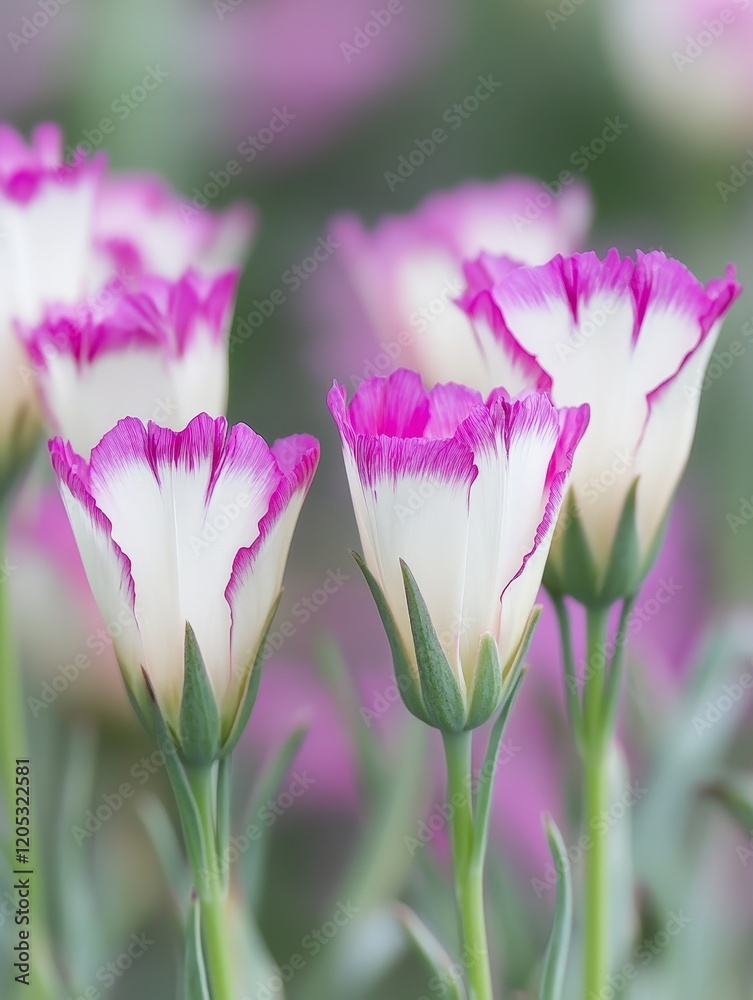 Obraz premium Pink and white flowers blooming in soft-focus garden setting.