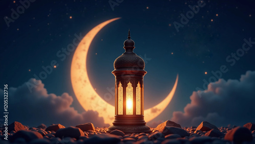 Traditional glowing Arabic lantern in middle of desert night sky background. Copy space Ramadan banner 17 photo