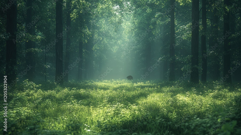 Fototapeta premium Sunlit forest path, lone figure, misty green.