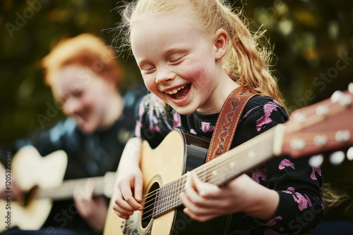 Lachendes Mädchen spielt Akustikgitarre im Freien, Smiling Girl Playing Acoustic Guitar Outdoors photo