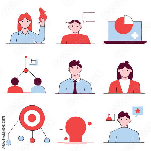Stakeholder Management: Essential Business Icons. Thin Line Vector Graphics for Presentations,      