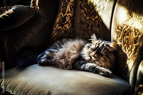 Sleeping fluffy kitten on soft bed photo