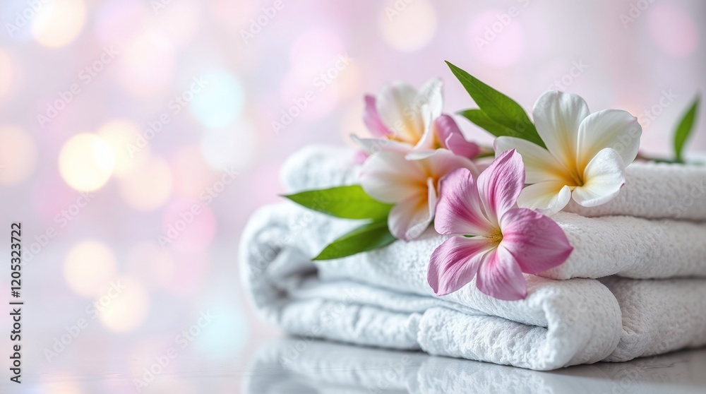 Freshly folded white towels with spring flowers on soft surface in iridescent colors and blurred bokeh Freshly folded white towels with spring flowers on soft surface in iridescent colors and blurred bokeh