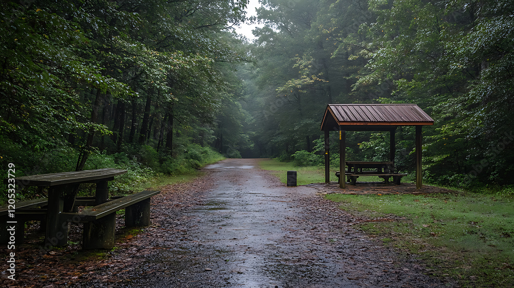 serene view of empty trailhead surrounded by lush trees, featuring covered picnic area and benches, evoking peaceful atmosphere in nature serene view of empty trailhead surrounded by lush trees, featuring covered picnic area and benches, evoking peaceful atmosphere in nature