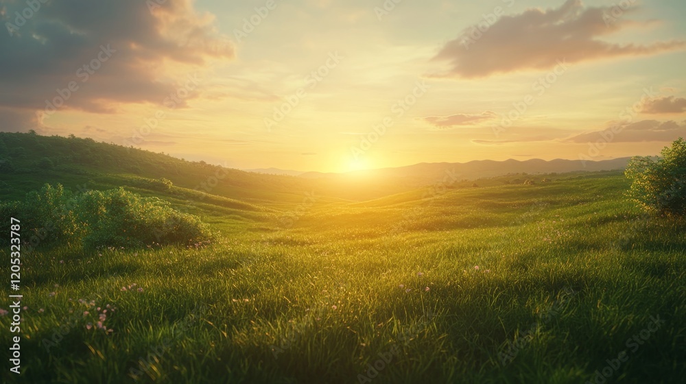 Obraz premium Stunning summer landscape with green hills and meadows at sunset in photorealistic style