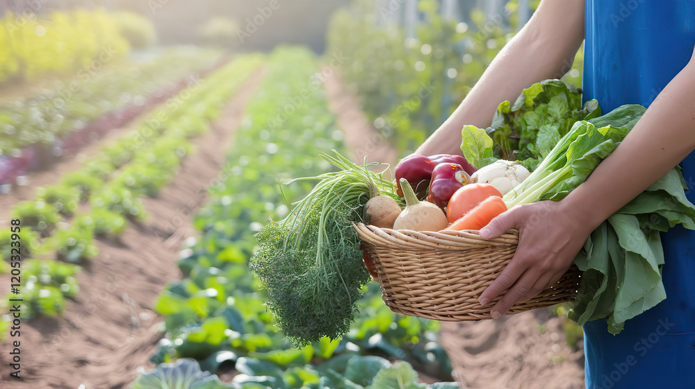 Fototapeta premium creative, stylized photo of a person's hands holding a basket of freshly harvested vegetables