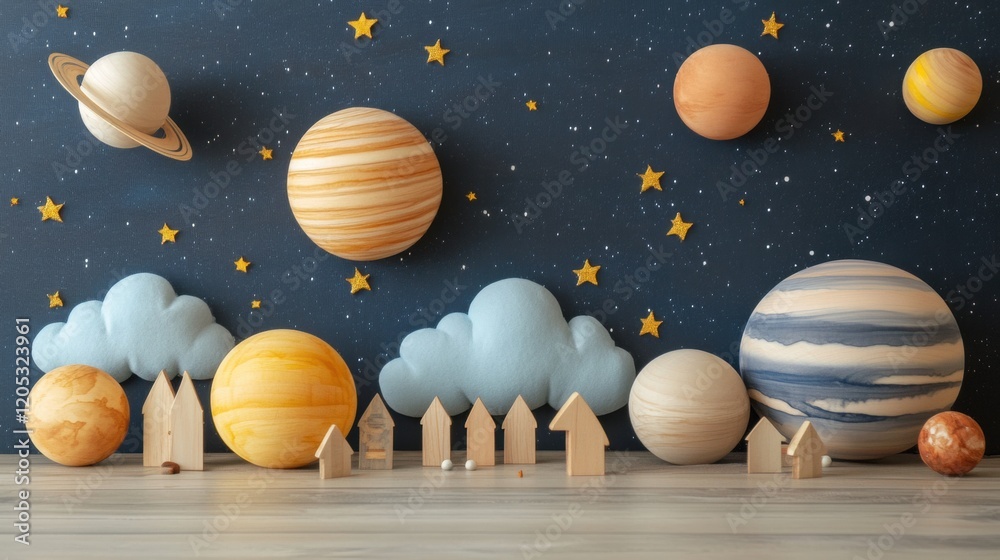 Fototapeta premium Wooden space decor with fluffy clouds, blending handcrafted wooden planets and soft cloud designs, ideal for space-themed interiors