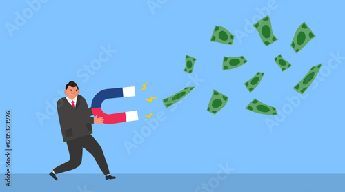 businessman using magnet to collect earn attract money business concept vector illustration