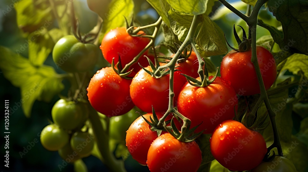 A photo of ripe tomatoes on a vine. A photo of ripe tomatoes on a vine.