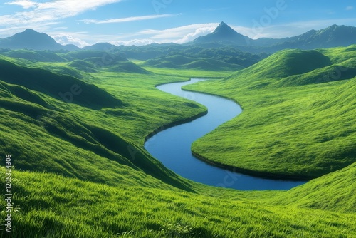 Serene landscape with rolling green hills and meandering river under a clear blue sky photo