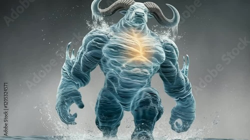 a towering water figure radiating strength and stability, with a robust torso and arms sculpted from powerful, rippling currents. two massive, icy horns curve upward, glinting like frosted spires. its