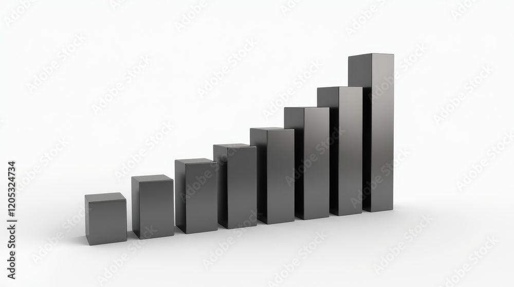 A hyperrealistic 3D bar chart in metallic chrome and matte black, showcasing an upward growth trend, set against a seamless white background A hyperrealistic 3D bar chart in metallic chrome and matte black, showcasing an upward growth trend, set against a seamless white background