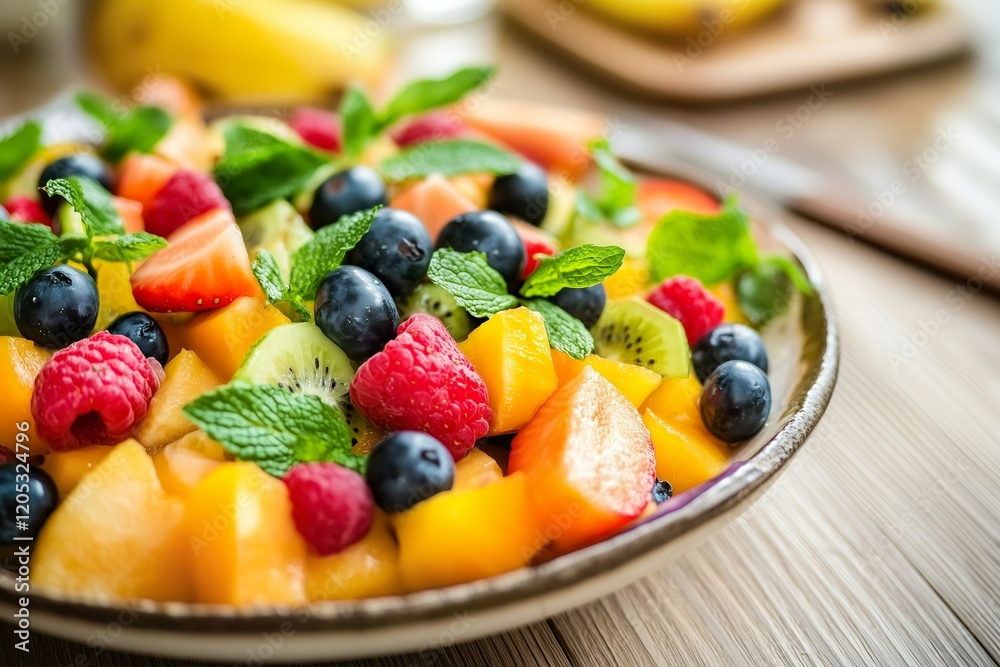 Fresh fruit salad with colorful berries and mint leaves Fresh fruit salad with colorful berries and mint leaves