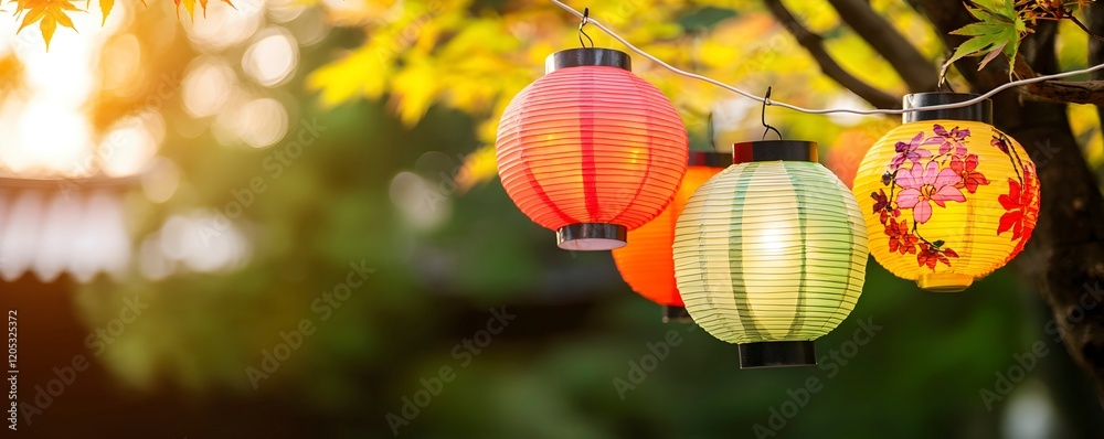 Obraz premium Colorful Lanterns Hanging in a Natural Setting