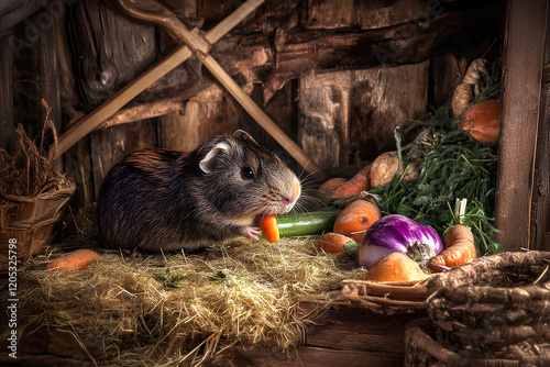 Easter bunny with colorful eggs surrounded by wildlife animals like birds and rodents in a natural setting photo