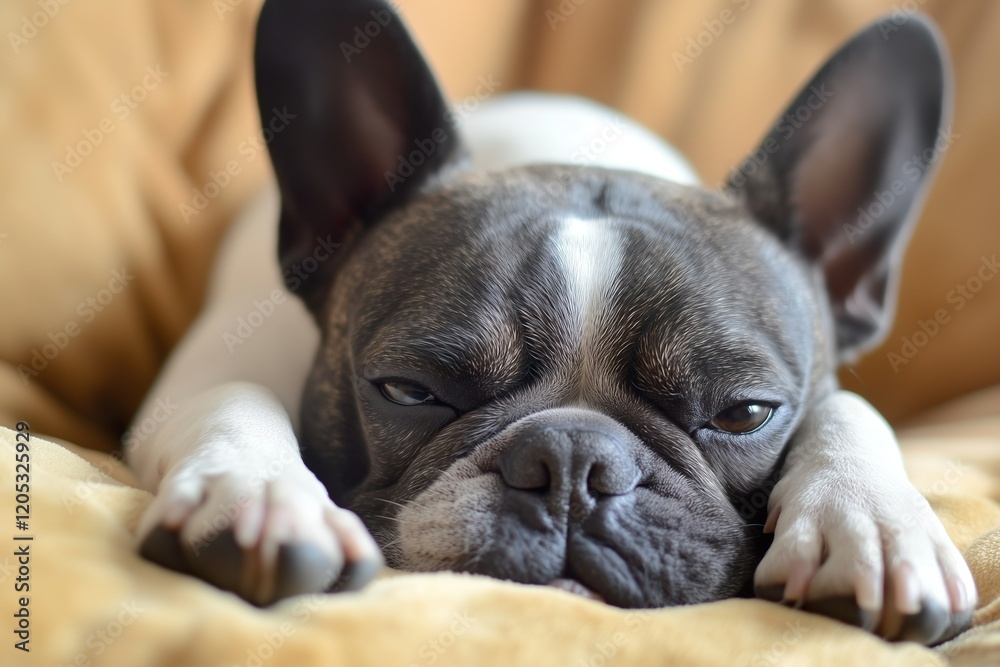 French bulldog relaxing on a cozy couch in a warm setting French bulldog relaxing on a cozy couch in a warm setting