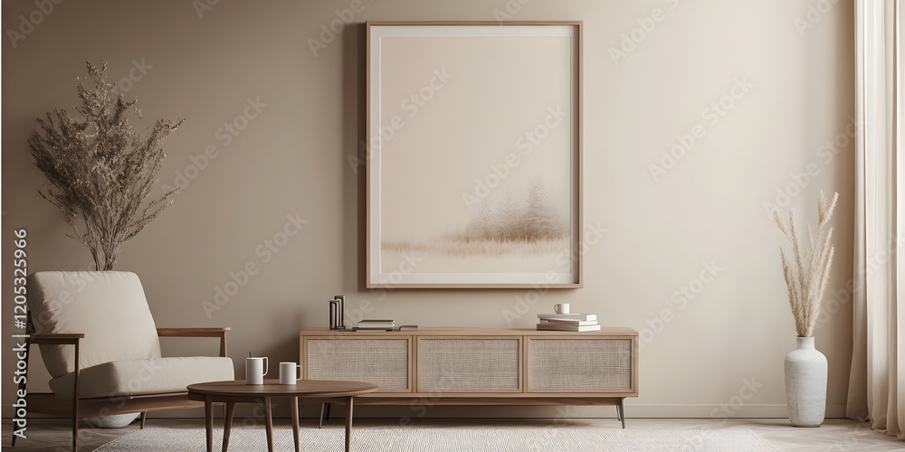 Fototapeta premium Sleek Walnut Media Console with Retro Hairpin Legs in Elegant Living Room Decor