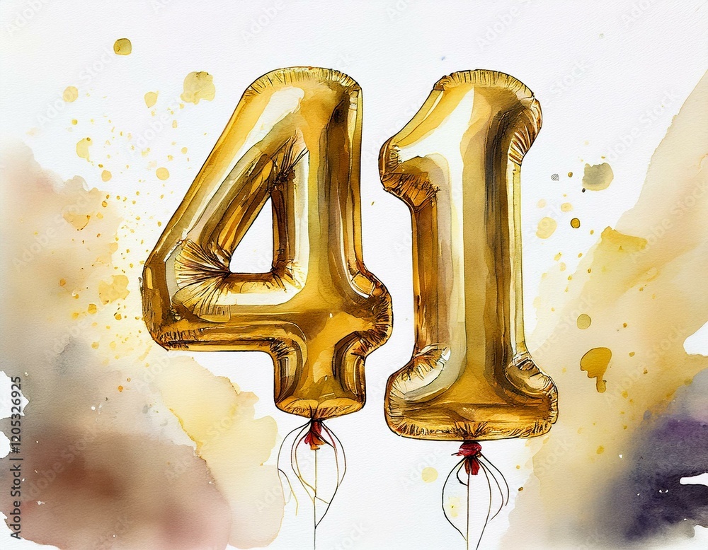 Fototapeta premium Gold birthday / anniversary party balloon, number 41, watercolor painting with white background