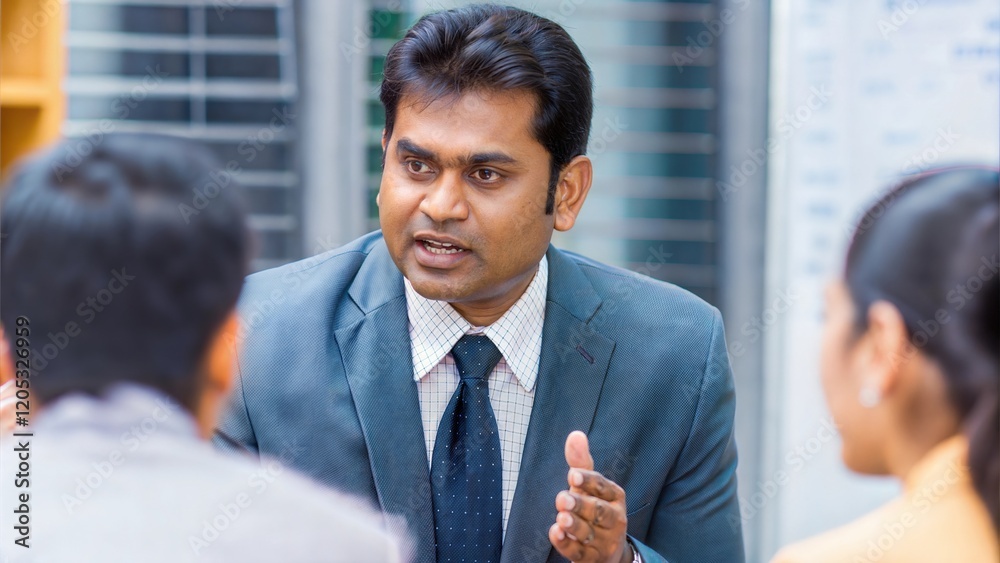 Fototapeta premium Indian team leader inspiring the office team during a team-building session. 