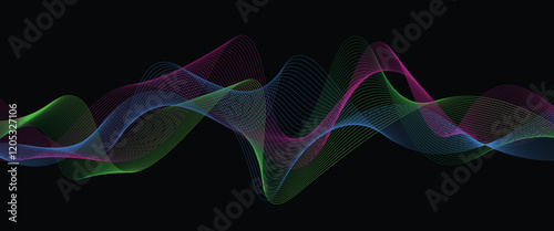 Abstract flowing dynamic colorful wave line isolated on dark background for concept of AI technology, digital, communication, 5G, science, music