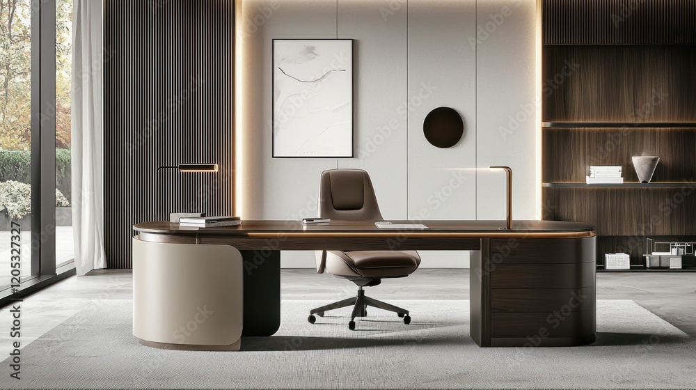 Modern Executive Office Interior Design: Luxurious Workspace with Elegant Furniture and Warm Lighting Modern Executive Office Interior Design: Luxurious Workspace with Elegant Furniture and Warm Lighting