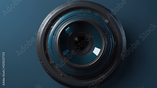 A close-up view of a camera lens against a blue background, highlighting its intricate design.