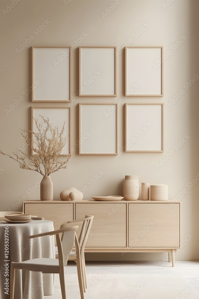 Fototapeta premium Minimalist Wall Display with Varied Gold Frames and Accent Decor