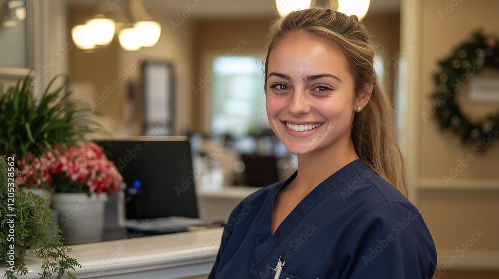 custom made wallpaper toronto digitalA nurse receptionist smiling at her workstation, wearing a blue uniform. The background shows a cozy medical office with beige walls, potted plants, and a clean, calm environment f