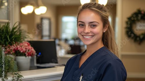 A nurse receptionist smiling at her workstation, wearing a blue uniform. The background shows a cozy medical office with beige walls, potted plants, and a clean, calm environment f photo