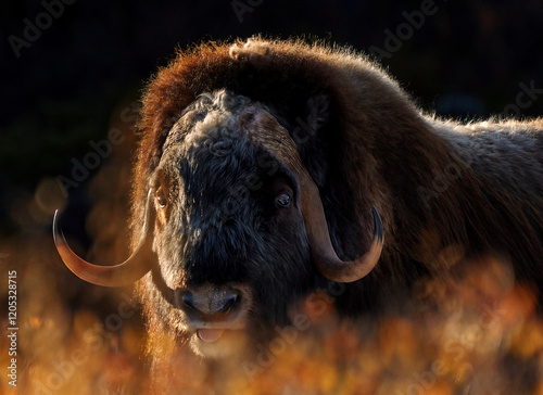 Photography Northern muskox in natural winter habitat with snow mountains, Dovrefjell park