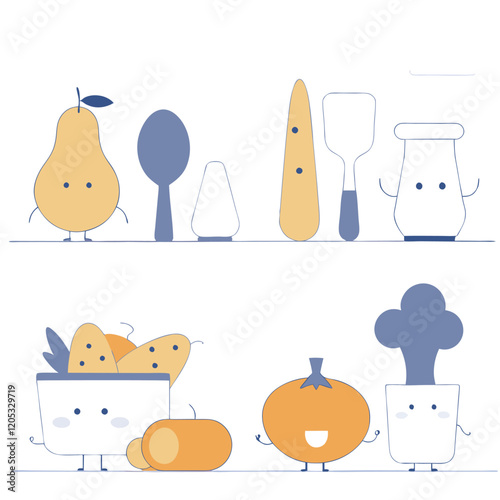 Adorable Cartoon Food Friends: Black & White Line Art Illustrations cute meal cafe funny happy clean