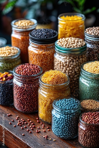 Various bean jars displayed on a wooden table, great for culinary or rustic themed shoots