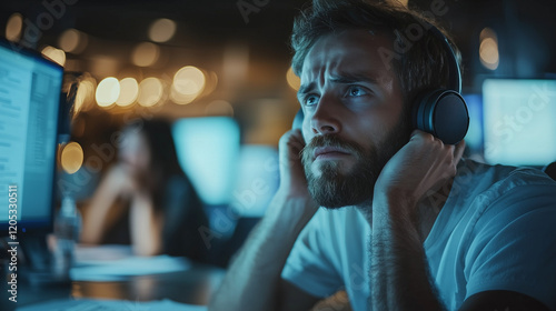 Tired call center operator, angry, surrounded by paperwork and screens, fluorescent-lit office with cubicles, late hours, tense atmosphere.