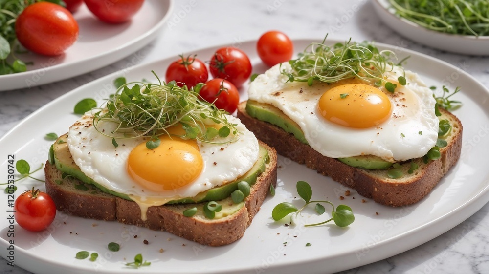 Healthy avocado toast with fried eggs and microgreens on white plate with cherry tomatoes for copy space Healthy avocado toast with fried eggs and microgreens on white plate with cherry tomatoes for copy space