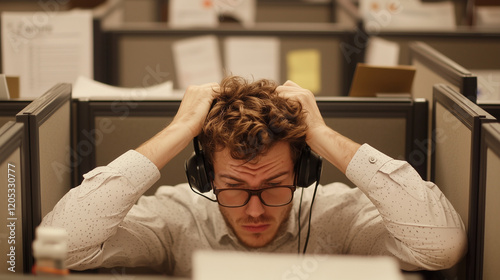 Angry call center worker, headset off, papers scattered, empty cubicles, broken clock, overwhelmed by tasks.