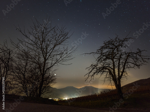 Canvas Print Paysage nocturne spectaculaire en Alsace : ciel étoilé et nuit d'hiver à Kaysers