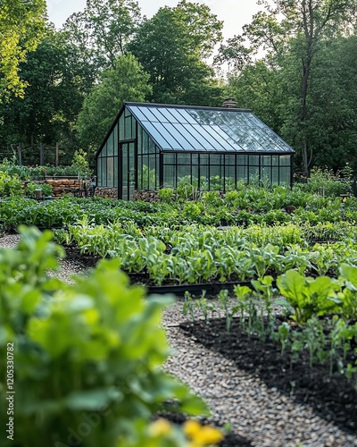A peaceful small organic farmer s garden with various vegetable plants flourishing, and a glasshouse in the background, embodying sustainable farming practices