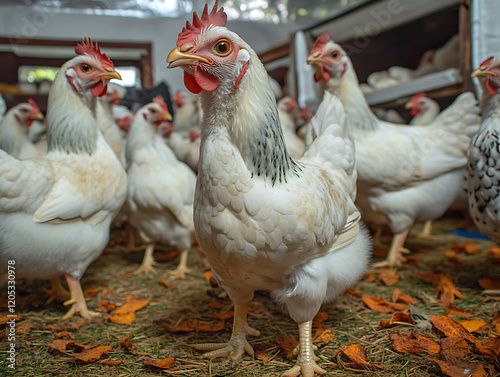 Closeup of a flock of white hens in a rustic coop.  One hen is in sharp focus, showcasing its soft feathers and vibrant comb. Ideal for agricultural, farming, or poultryrelated content. photo