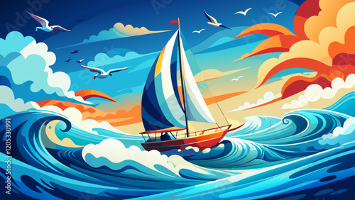 AI Generated flat vector illustration of a sailboat gliding on abstract ocean waves beneath a bright blue sky with seagulls.