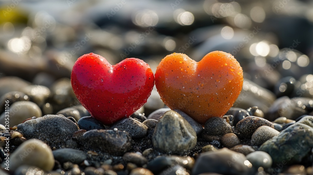 Fototapeta premium A red heart sits atop a pile of rocks, conveying a message of love or passion
