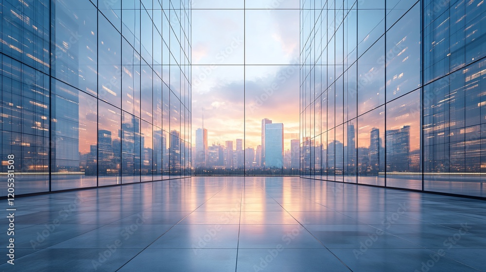 Cityscape sunset view from modern building lobby Cityscape sunset view from modern building lobby