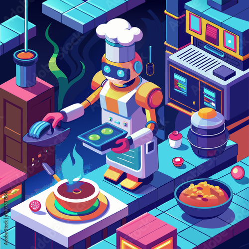 AI Generated Isometric Illustration of a Robot Chef Preparing a Meal in a Futuristic Kitchen