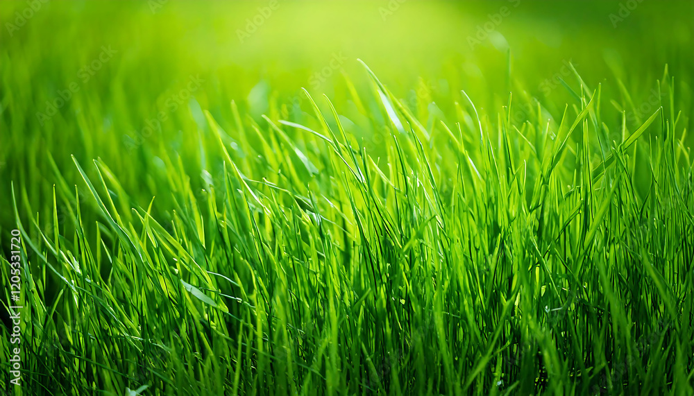 Obraz premium Vibrant close-up of lush green grass, bathed in sunlight. Perfect for nature, spring, or environmental themes. Ideal for websites, presentations, and print projects needing a fresh, natural feel.