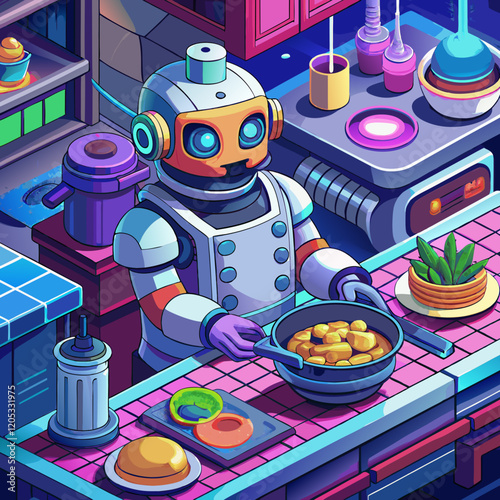 AI Generated Isometric Illustration of a Robot Chef Preparing a Meal in a Futuristic Kitchen
