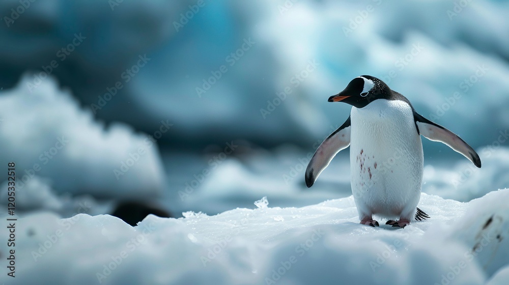 Fototapeta premium A photo of a penguin waddling on ice.